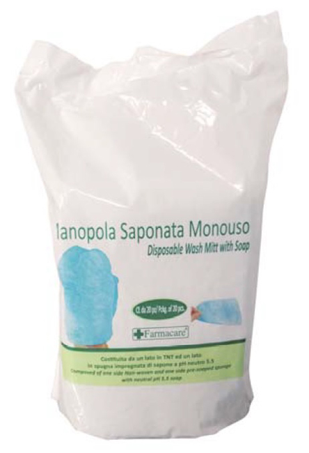 MANOPOLA MONOUSO PER LAVAGGI PARZIALI COMPOSTA DA UNA SPUGNA IN POLIESTERE SAPONATA E DA UN DRAPPO IN TESSUTO NON TESSUTO SENZA RISCIACQUO DETERGENTE A PH ISOCUTANEO - Farmacia Dott. Pasquale Russo