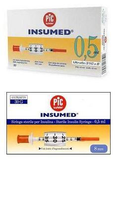 SIRINGA PER INSULINA PIC INSUMED 0,5 ML 100 UI AGO GAUGE 30 LUNGHEZZA 8 MM SENZA SPAZIO MORTO 3 SACCHETTI DA 10 PEZZI - Farmacia Dott. Pasquale Russo