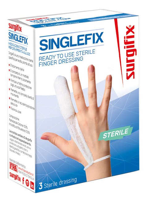 MEDICAZIONE STERILE PER DITO SINGLEFIX, COSTITUITA DA UNA GUAINA IN COTONE E DA UN'IMBOTTITURA INTERNA ASSORBENTE. SI APPLICA DIRETTAMENTE SULLA FERITA E SI FISSA AL POLSO - Farmacia Dott. Pasquale Russo