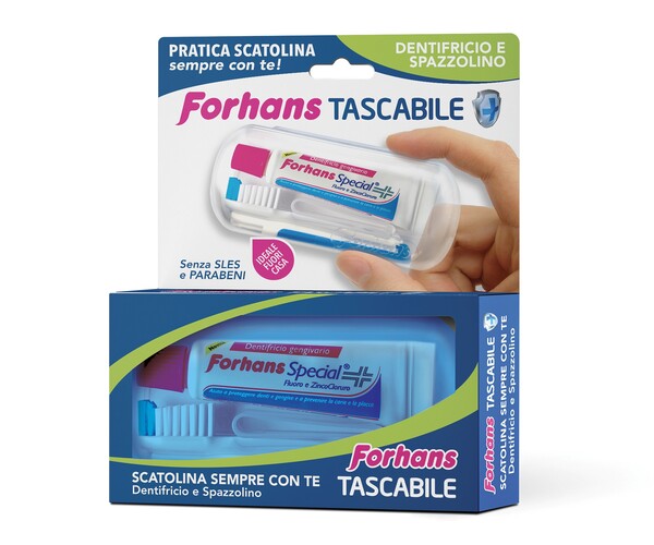 FORHANS TRAVEL KIT TASCABILE COMPOSTO DA SPAZZOLINO DA VIAGGIO + FORHANS SPECIAL PASTA DENTIFRICIA TUBETTO 12,5 ML - Farmacia Dott. Pasquale Russo