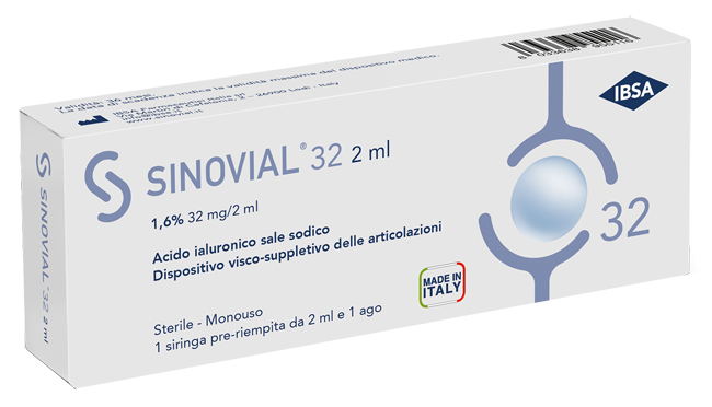 SIRINGA INTRA-ARTICOLARE SINOVIAL 32 ACIDO IALURONICO SALE SODICO 1,6% 32MG/2ML 2ML + AGO 21 GAUGE - Farmacia Dott. Pasquale Russo