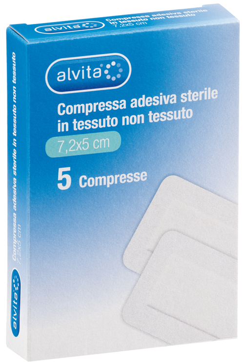 ALVITA GARZA COMPRESSA AUTOADESIVA IN TNT 7,2X5CM 5 PEZZI - Farmacia Dott. Pasquale Russo