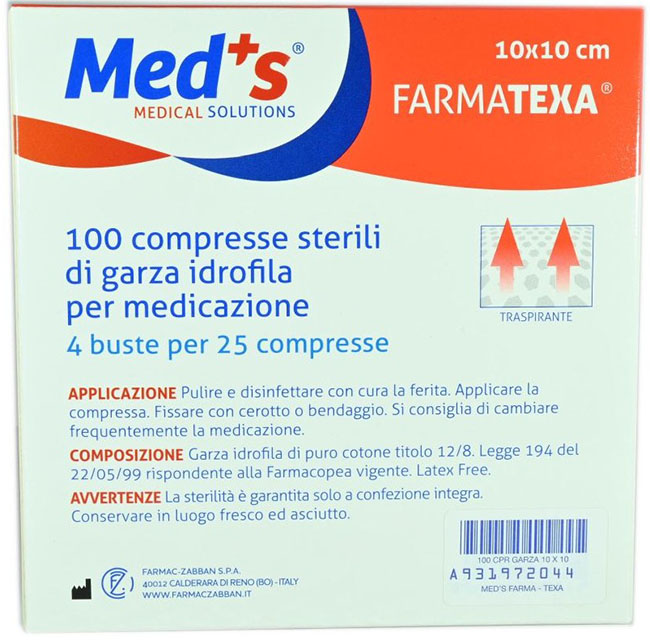 GARZA COMPRESSA IDROFILA MEDS FARMATEXA 2/8 10X10CM 100 PEZZI - Farmacia Dott. Pasquale Russo