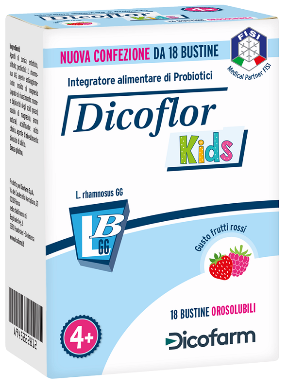 DICOFLOR KIDS 18 BUSTINE OROSOLUBILI GUSTO FRUTTI ROSSI - Farmacia Dott. Pasquale Russo