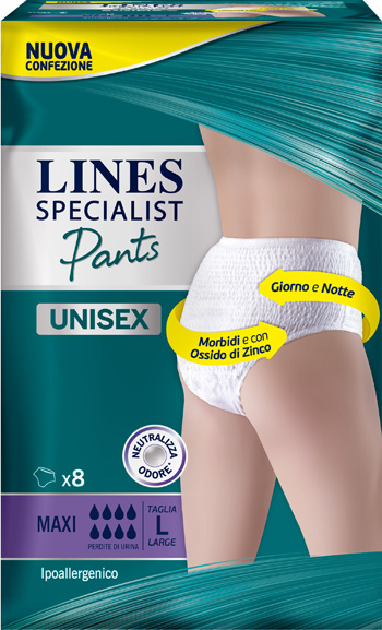 LINES SPECIALIST PANTS MAXI L X 8 PANNOLONE MUTANDINA INDOSSABILE COME NORMALE BIANCHERIA TIPO PULL-ON - Farmacia Dott. Pasquale Russo