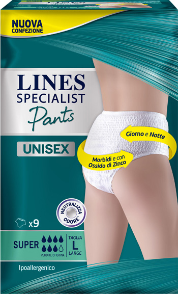 LINES SPECIALIST PANTS SUPER L X 9 PANNOLONE MUTANDINA INDOSSABILE COME NORMALE BIANCHERIA TIPO PULL-ON - Farmacia Dott. Pasquale Russo