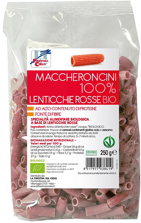 LA FINESTRA SUL CIELO MACCHERONCINI LENTICCHE ROSSE BIO 250 G - Farmacia Dott. Pasquale Russo