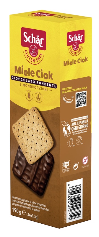 SCHAR MIELE CIOK BISCOTTI AL MIELE RICOPERTI DI CIOCCOLATO FONDENTE 3 PORZIONI DA 63,5 G - Farmacia Dott. Pasquale Russo