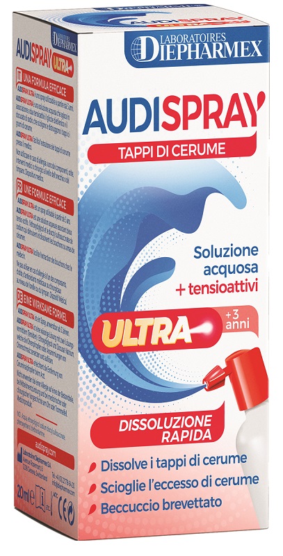 AUDISPRAY ULTRA +3 ANNI SOLUZIONE ACQUOSA + TENSIOATTIVI SPRAY TAPPI DI CERUME 20 ML - Farmacia Dott. Pasquale Russo