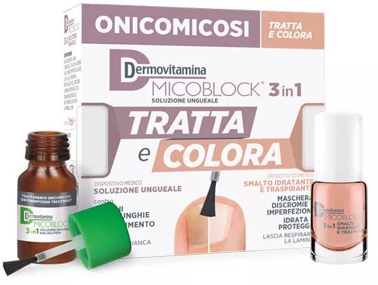 DERMOVITAMINA MICOBLOCK 3 IN 1 TRATTA E COLORA SOLUZIONE UNGUEALE 7 ML + SMALTO IDRATANTE TRASPIRANTE 5 ML - Farmacia Dott. Pasquale Russo