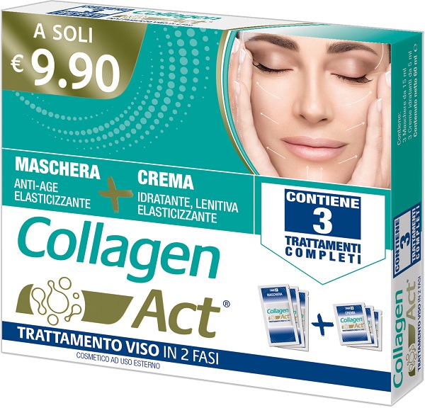 COLLAGEN ACT TRATTAMENTO VISO 2 FASI MASCHERA ANTI AGE ELASTICIZZANTE 3 PEZZI DA 15 ML + CREMA IDRATANTE LENITIVA ELASTICIZZANTE 3 PEZZI DA 5 ML - Farmacia Dott. Pasquale Russo