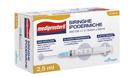 SIRINGA IPODERMICA MEDIPRESTERIL AGO 23 GAUGE 1 1/4 0,6X30MM 2,5 ML 10 PEZZI - Farmacia Dott. Pasquale Russo