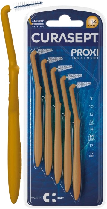 SCOVOLINO CURASEPT PROXI ANGLE MISURA T14 CONICO ISO 4 COLORE OCRA DIAMETRO 1,4 MM 5 PEZZI - Farmacia Dott. Pasquale Russo