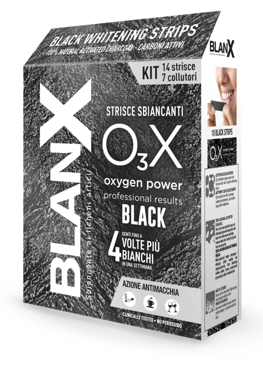 BLANX O3X BLACK STRISCE SBIANCANTI E ANTIMACCHIA 14 PEZZI - Farmacia Dott. Pasquale Russo