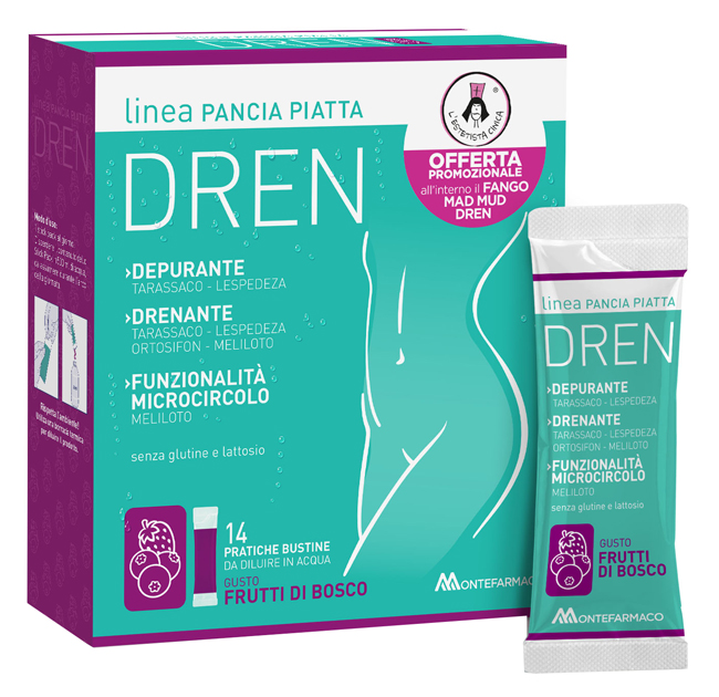 PANCIA PIATTA DREN FRUTTI DI BOSCO 14 BUSTINE STICK PACK + FANGO ATTIVO CELLULITE 100 ML OMAGGIO - Farmacia Dott. Pasquale Russo