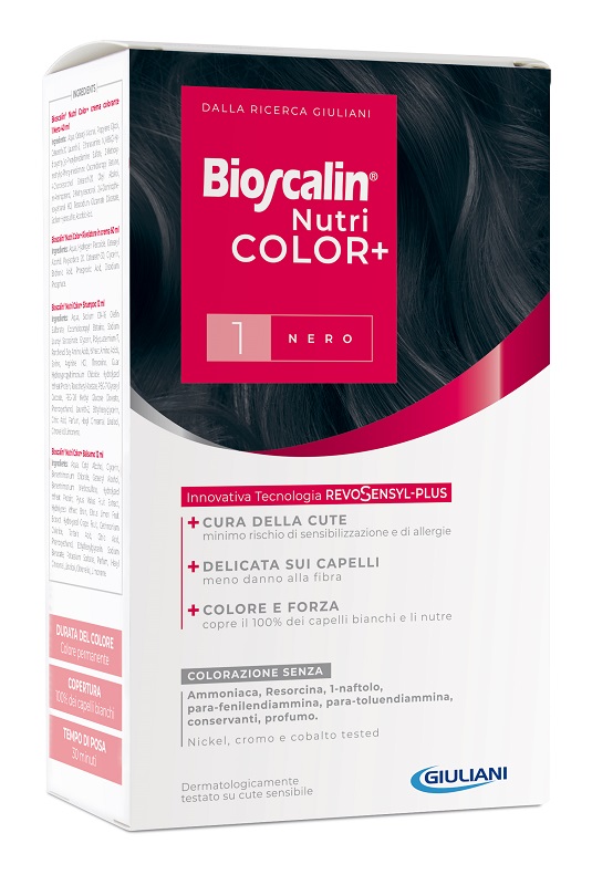 BIOSCALIN NUTRICOLOR PLUS 1 NERO CREMA COLORANTE 40 ML + RIVELATORE CREMA 60 ML + SHAMPOO 12 ML + TRATTAMENTO FINALE BALSAMO 12 ML - Farmacia Dott. Pasquale Russo