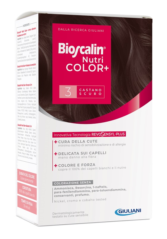BIOSCALIN NUTRICOLOR PLUS 3 CASTANO SCURO CREMA COLORANTE 40 ML + RIVELATORE CREMA 60 ML + SHAMPOO 12 ML + TRATTAMENTO FINALE BALSAMO 12 ML - Farmacia Dott. Pasquale Russo