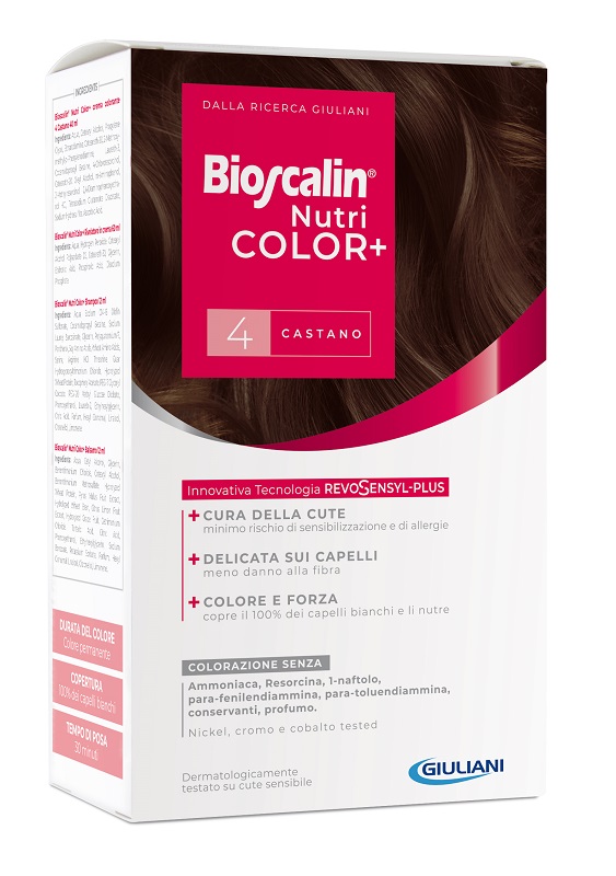 BIOSCALIN NUTRICOLOR PLUS 4 CASTANO CREMA COLORANTE 40 ML + RIVELATORE CREMA 60 ML + SHAMPOO 12 ML + TRATTAMENTO FINALE BALSAMO 12 ML - Farmacia Dott. Pasquale Russo