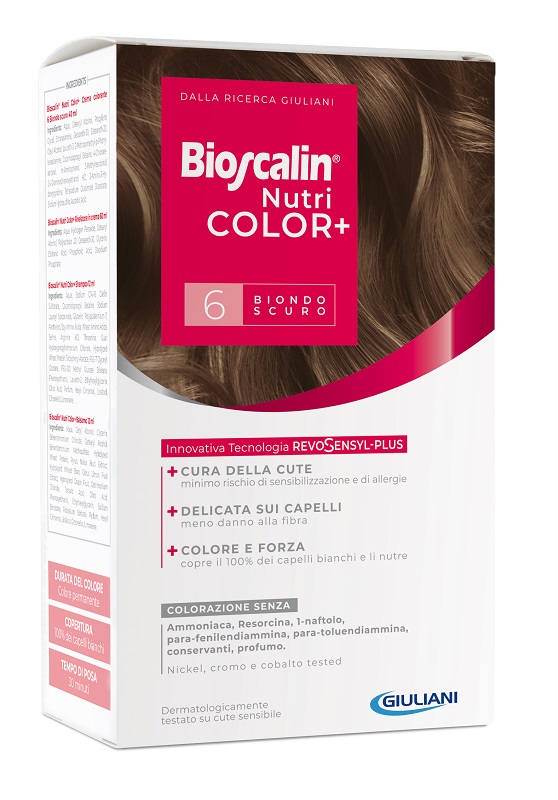 BIOSCALIN NUTRICOLOR PLUS 6 BIONDO SCURO CREMA COLORANTE 40 ML + RIVELATORE CREMA 60 ML + SHAMPOO 12 ML + TRATTAMENTO FINALE BALSAMO 12 ML - Farmacia Dott. Pasquale Russo