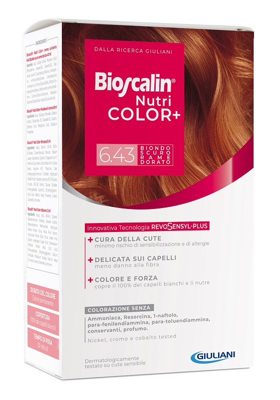 BIOSCALIN NUTRICOLOR PLUS 6,43 BIONDO SCURO RAME DORATO CREMA COLORANTE 40 ML + RIVELATORE CREMA 60 ML + SHAMPOO 12 ML + TRATTAMENTO FINALE BALSAMO 12 ML - Farmacia Dott. Pasquale Russo