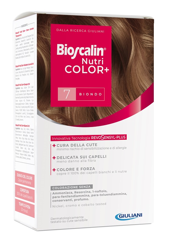 BIOSCALIN NUTRICOLOR PLUS 7 BIONDO CREMA COLORANTE 40 ML + RIVELATORE CREMA 60 ML + SHAMPOO 12 ML + TRATTAMENTO FINALE BALSAMO 12 ML - Farmacia Dott. Pasquale Russo