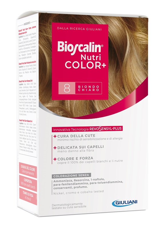 BIOSCALIN NUTRICOLOR PLUS 8 BIONDO CHIARO CREMA COLORANTE 40 ML + RIVELATORE CREMA 60 ML + SHAMPOO 12 ML + TRATTAMENTO FINALE BALSAMO 12 ML - Farmacia Dott. Pasquale Russo
