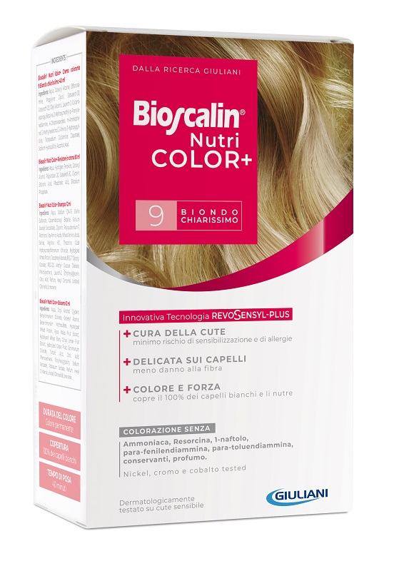 BIOSCALIN NUTRICOLOR PLUS 9 BIONDO CHIARISSIMO CREMA COLORANTE 40 ML + RIVELATORE CREMA 60 ML + SHAMPOO 12 ML + TRATTAMENTO FINALE BALSAMO 12 ML - Farmacia Dott. Pasquale Russo
