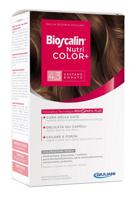 BIOSCALIN NUTRICOLOR PLUS 4,3 CASTANO DORATO CREMA COLORANTE 40 ML + RIVELATORE CREMA 60 ML + SHAMPOO 12 ML + TRATTAMENTO FINALE BALSAMO 12 ML - Farmacia Dott. Pasquale Russo