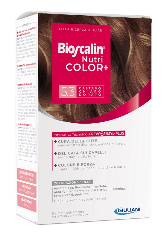 BIOSCALIN NUTRICOLOR PLUS 5,3 CASTANO CHIARO DORATO CREMA COLORANTE 40 ML + RIVELATORE CREMA 60 ML + SHAMPOO 12 ML + TRATTAMENTO FINALE BALSAMO 12 ML - Farmacia Dott. Pasquale Russo