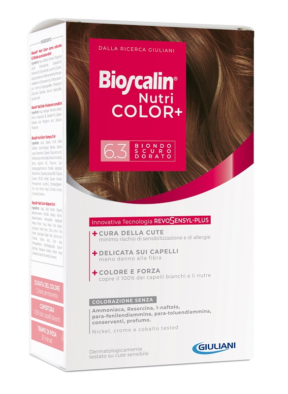 BIOSCALIN NUTRICOLOR PLUS 6,3 BIONDO SCURO DORATO CREMA COLORANTE 40 ML + RIVELATORE CREMA 60 ML + SHAMPOO 12 ML + TRATTAMENTO FINALE BALSAMO 12 ML - Farmacia Dott. Pasquale Russo