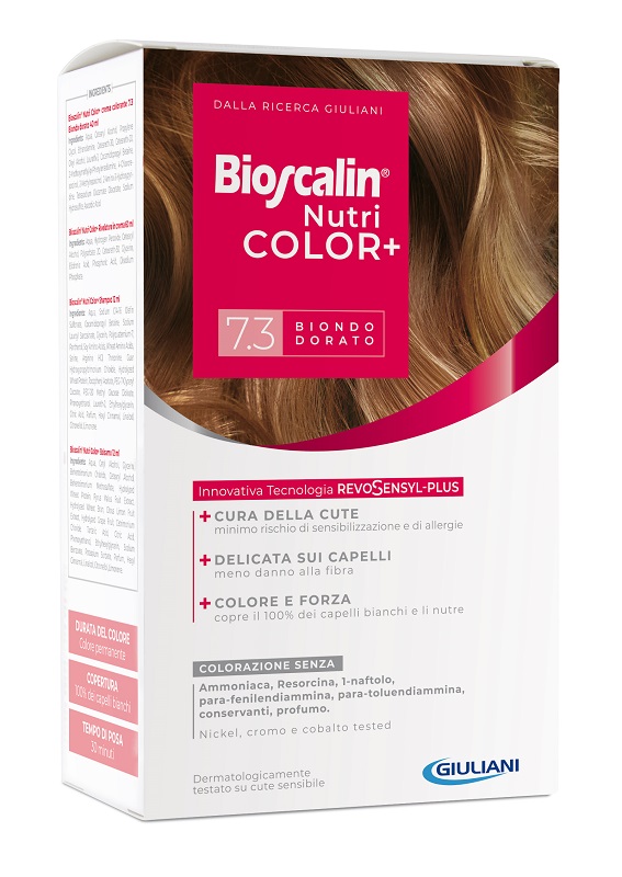BIOSCALIN NUTRICOLOR PLUS 7,3 BIONDO DORATO CREMA COLORANTE 40 ML + RIVELATORE CREMA 60 ML + SHAMPOO 12 ML + TRATTAMENTO FINALE BALSAMO 12 ML - Farmacia Dott. Pasquale Russo