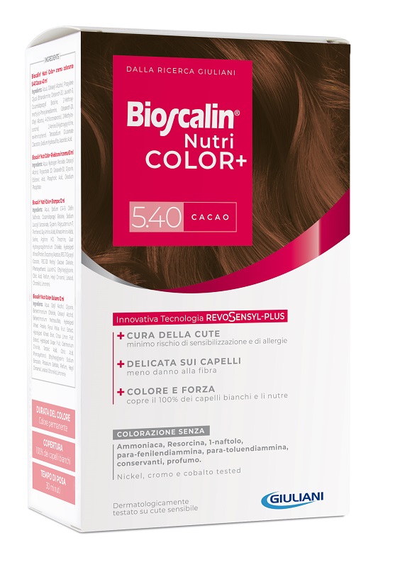 BIOSCALIN NUTRICOLOR PLUS 5,40 CACAO CREMA COLORANTE 40 ML + RIVELATORE CREMA 60 ML + SHAMPOO 12 ML + TRATTAMENTO FINALE BALSAMO 12 ML - Farmacia Dott. Pasquale Russo