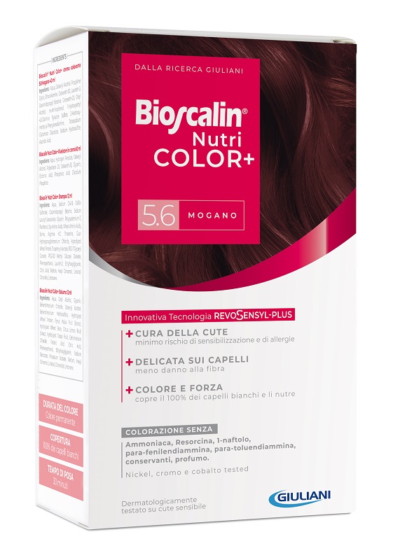 BIOSCALIN NUTRICOLOR PLUS 5,6 MOGANO CREMA COLORANTE 40 ML + RIVELATORE CREMA 60 ML + SHAMPOO 12 ML + TRATTAMENTO FINALE BALSAMO 12 ML - Farmacia Dott. Pasquale Russo