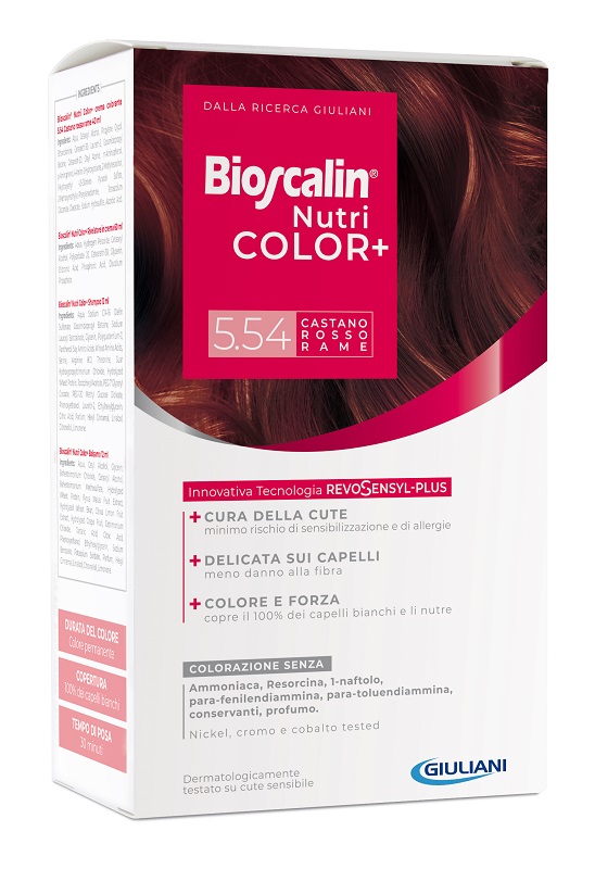 BIOSCALIN NUTRICOLOR PLUS 5,54 CASTANO ROSSO RAME CREMA COLORANTE 40 ML + RIVELATORE CREMA 60 ML + SHAMPOO 12 ML + TRATTAMENTO FINALE BALSAMO 12 ML - Farmacia Dott. Pasquale Russo