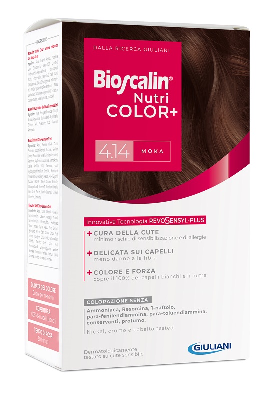 BIOSCALIN NUTRICOLOR PLUS 4,14 MOKA CREMA COLORANTE 40 ML + RIVELATORE CREMA 60 ML + SHAMPOO 12 ML + TRATTAMENTO FINALE BALSAMO 12 ML - Farmacia Dott. Pasquale Russo