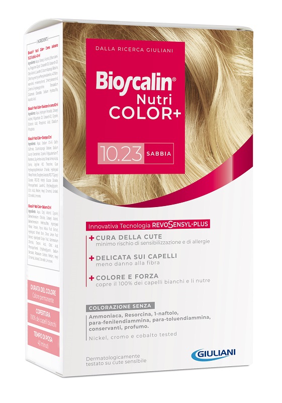 BIOSCALIN NUTRICOLOR PLUS 10,23 SABBIA CREMA COLORANTE 40 ML + RIVELATORE CREMA 60 ML + SHAMPOO 12 ML + TRATTAMENTO FINALE BALSAMO 12 ML - Farmacia Dott. Pasquale Russo