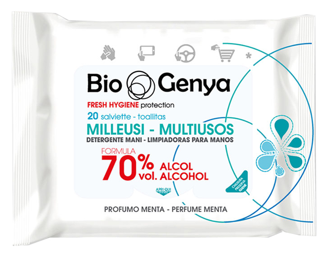 BIOGENYA MILLEUSI IGIENIZZANTI 70% ALCOOL SALVIETTE 20 PEZZI - Farmacia Dott. Pasquale Russo