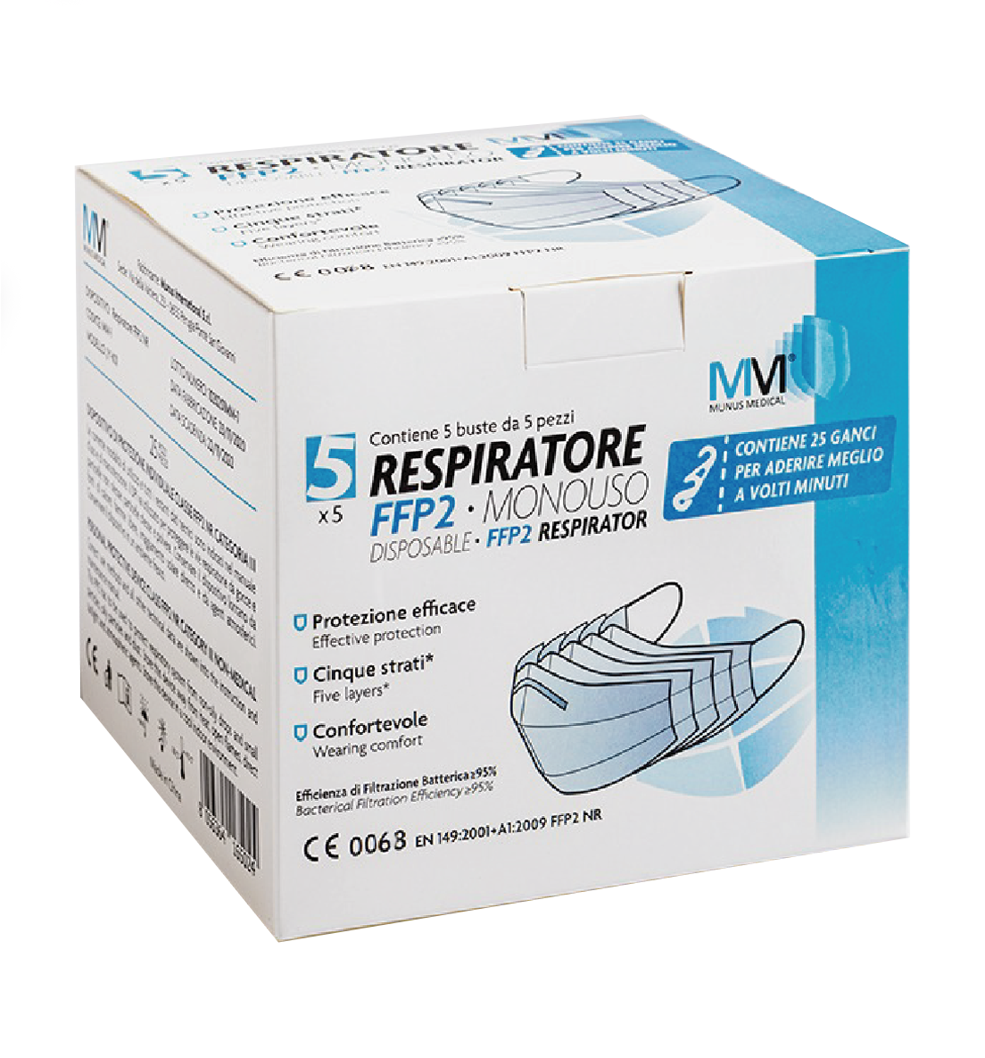 MUNUS MED RESPIRATORE FFP2 CLASSE III + GANCIO ADATTATORE 5 BUSTE DA 5 PEZZI - Farmacia Dott. Pasquale Russo