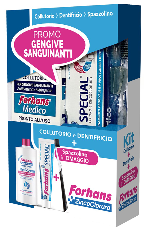 FORHANS KIT GENGIVE SANGUINANTI 1 FORHANS COLLUTORIO MEDICO 250 ML + 1 FORHANS DENTIFRICIO SPECIAL 75 ML + 1 FORHANS SPAZZOLINO MEDICO IN OMAGGIO - Farmacia Dott. Pasquale Russo
