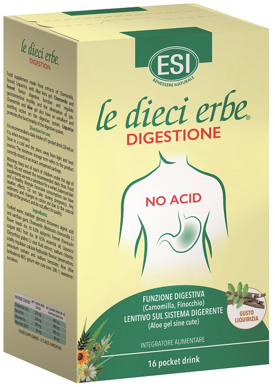 ESI LE DIECI ERBE DIGESTIONE NO ACID 16 POCKET DRINK GUSTO LIQUIRIZIA 20 ML - Farmacia Dott. Pasquale Russo