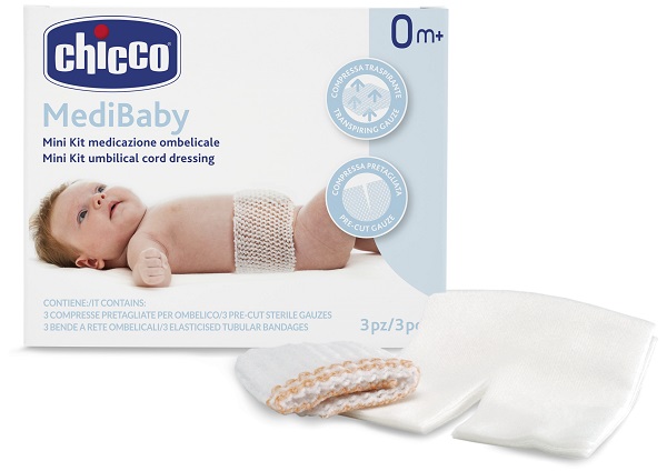 CHICCO MINI KIT MEDICAZIONE OMBELICALE BENDA A RETE ELASTICA CALIBRO 6 + COMPRESSE IN TNT STERILI 10X10 CM 4 PEZZI - Farmacia Dott. Pasquale Russo